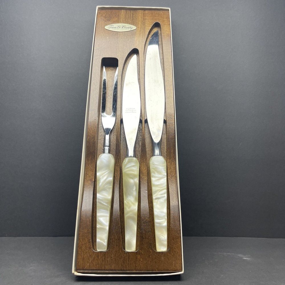 VTG TOWN & COUNTRY FLEETWOOD 3 PIECE KNIFE‎ CARVING SET CELLULOID MCM